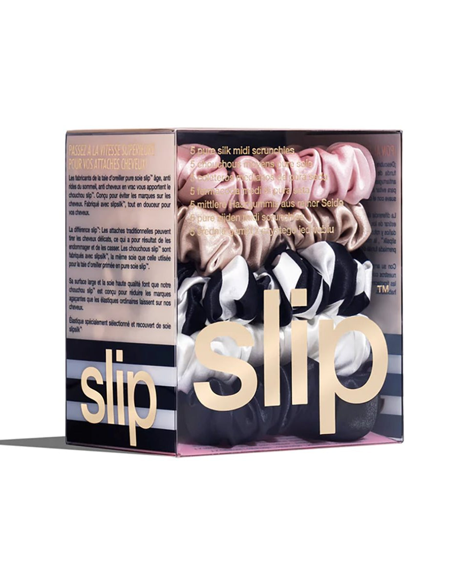 Slip Slip Silk The Midi Scrunchie (1 X Pink 1 X Caramel 1 X Black 1 X White 1 X Navy Stripe) 