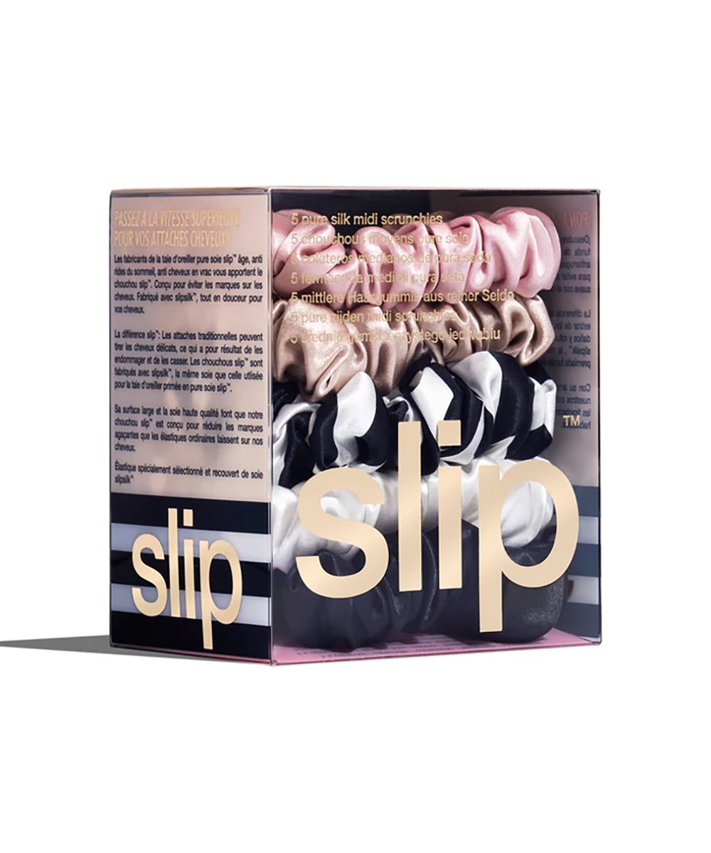 Slip Slip Silk The Midi Scrunchie (1 X Pink 1 X Caramel 1 X Black 1 X White 1 X Navy Stripe) 