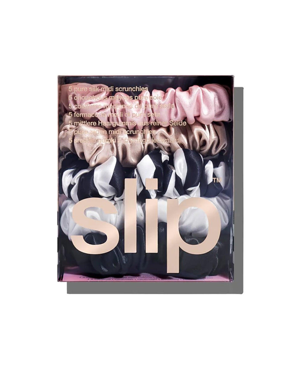 Slip Slip Silk The Midi Scrunchie (1 X Pink 1 X Caramel 1 X Black 1 X White 1 X Navy Stripe) 